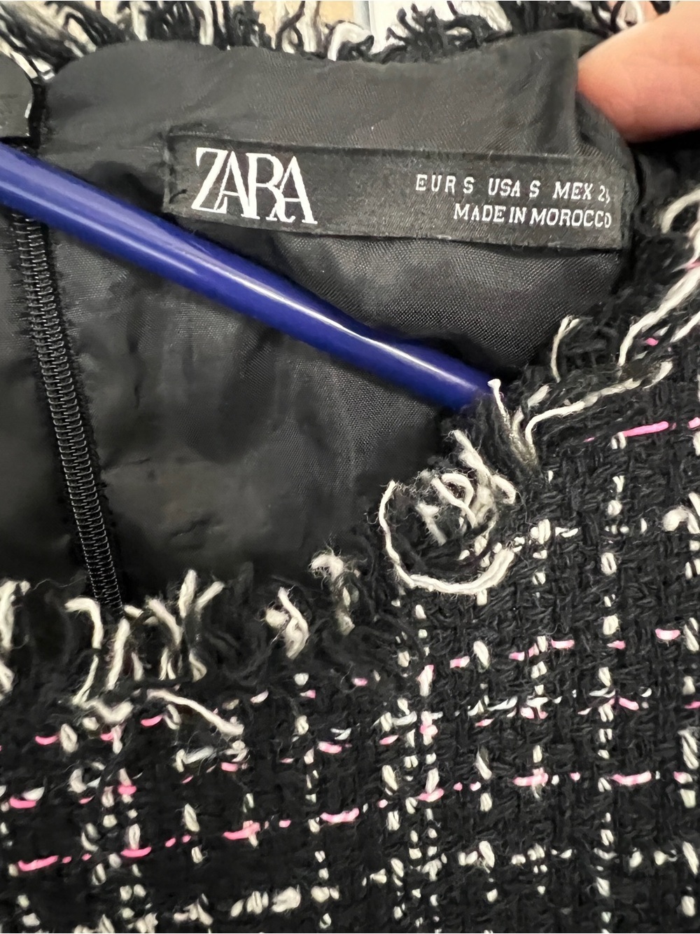 Zara Black and White Tweed Fringe Zip Romper with Pink Accents - Picture 3 of 4
